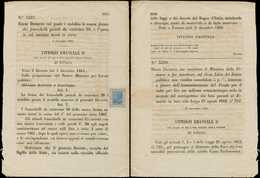 ITALIE 23 : 20c. Bleu, Surch. SAGGIO (Specimen) Collé S. Un Document Du 2/12/1866 Annonçant La Parution De Ce Timbre, R - Usati