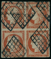 Oblitéré N° 5, 40c Orange, Bloc De 4, Obl. Grille, T.B. Signé + Certificat JF Brun - Andere & Zonder Classificatie