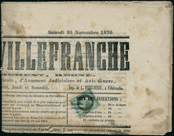 Lettre N° 25. 1c Empire Lauré, Seul Sur Journal Complet : Le Journal De Villefranche Du 26 Novembre 1870, Timbre  T.B.,  - Other & Unclassified