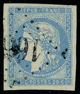 Oblitéré N° 44A, 20c Bleu Type I Superbe, Signé Brun - Autres & Non Classés