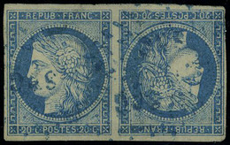 Oblitéré N° 11a, 20c Bleu Paire Tete Beche Obl SNG En Bleu, T.B. RRR, Signé + Certificat Brun. Maury - Autres & Non Classés