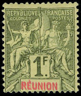 Neuf Avec Charnière N° 44a, 1f Olive Double Légende Réunion T.B. - Autres & Non Classés