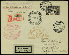 Lettre Zeppelin 3 SAF 1932 LR D'Helsinki 13.IV.32, Cachet Rouge Illustré Berlin Friedrichshafen, Pour Curityba Parana Br - Autres & Non Classés