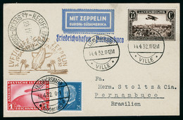 Lettre Zeppelin 3 SAF 1932. CP  Càd Luxembourg 14.4.32 Sur  PA N° 2 + Timbres D'Allemagne N° 407 Et PA N° 35 Obl. Friedr - Otros & Sin Clasificación