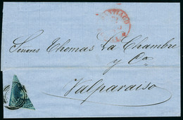 Lettre N° 6e, Moitié De 10c Bleu Sur L Datée Du 22 Août 1859, Cachet Cercles Noirs + Càd Rouge De Santiago, Pour Valpara - Otros & Sin Clasificación