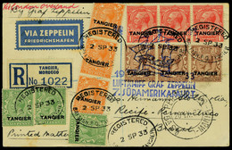 Lettre Zeppelin 7 SAF 1933 CP Recommandée Càd Tangier 2 Sp 33, Cachets Illustrés Bleu 7 SAF Et Roug Berlin Friedrichshaf - Sonstige & Ohne Zuordnung