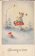 CPA MUSHROOMS, BOY WITH ACCORDION, WINTER LANDSCAPE - Champignons