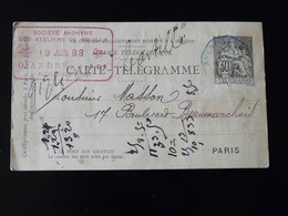 CARTE TELEGRAMME    TYPE CHAPLAIN  1888    CACHET ONDULE BLEU - Pneumatiques