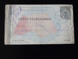 CARTE TELEGRAMME    TYPE CHAPLAIN  1882    CACHET ONDULE BLEU " A " - Neumáticos
