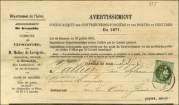 Càd T 17 GRENOBLE (37) / N° 39 Sur Avertissement Avec Papillon Violet Du Gouvernement De La Défense Nationale. 1871. - T - 1870 Bordeaux Printing