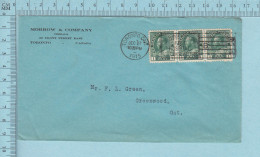 Canada - Strip Of 3 Stamp Commercial Envelope Céreal Morrow & Co.toronto Send ToGreenwood Ont. Cover 1915 - Covers & Documents