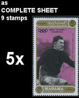 BULK:5 X MANAMA 1971 Olympics Stockholm 1912 Jim Thorpe 25Dh COMPLETE SHEET:9 Stamps American Indians - Indios Americanas