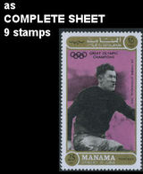 MANAMA 1971 Olympics Stockholm 1912 Jim Thorpe 25Dh COMPLETE SHEET:9 Stamps American Indians - Summer 1912: Stockholm