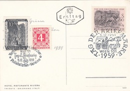 ÖSTERREICH 1959 TAG DER BRIEFMARKE - 10+5g + 2,40S+60g + 4Gro Porto Auf Ak TRIESTE Hotel Ristorante Riviera - Abarten & Kuriositäten