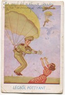 Parachute, Parachutting, Paratrooper - Airplane, Army Military, Hungarian Ed. Humor PC, 1943. - Parachutisme