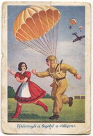 Parachute, Parachutting, Paratrooper - Airplane, Army Military, Hungarian Ed. Humor PC, 1942. - Paracaidismo