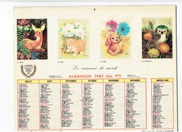 Grand Calendrier Almanach P.T.T. Facteur - 1983 La Chouette Chat Faon Champignon Chien Koala Zèbre Panda Tigre K.CHIN - Grand Format : 1981-90
