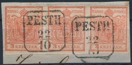 1850 3kr HP I. Lemezhibás Hármascsík / Stripe Of 3 With Plate Flaw 'PESTH' - Altri & Non Classificati