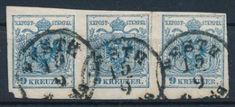 O 1850 9kr Hármascsík / Stripe Of 3  'PESTH' (szakadás / Tear) - Altri & Non Classificati