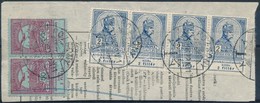 1915 Táviratdarab Árvíz Bélyegekkel Közte 2K Négyescsík (MBK ~3000p)/ Mi 140 Pair + 143 Stripe Of 4 On Telegramm Piece - Altri & Non Classificati
