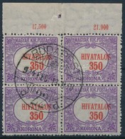 O 1921 Hivatalos 350K ívszéli Négyestömb Eltolódott értékjelzéssel / Official Mi 24 Margin Block Of 4 With Shifted Red C - Altri & Non Classificati