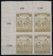 ** 1924 Arató-Parlament 600K Vágott!! ívsarki Négyestömb, Benne Tévnyomat '600/800K' / Mi 395 Imperforate Corner Block O - Andere & Zonder Classificatie