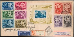 1948 Költ?k-írók Sor és Lánchíd II. Blokk Els? Napi Ajánlott Légi FDC-n New Yorkba (66.000) / Mi 1023-1032 + Block 13 On - Andere & Zonder Classificatie