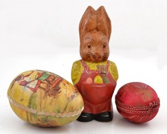 Cca 1930 Húsvéti Nyúl Figura 14 Cm és Tojások 11 Cm. Papírból és Egyik Selyem Borítással / 1930 Toy Egg And Toy Rabbit F - Other & Unclassified