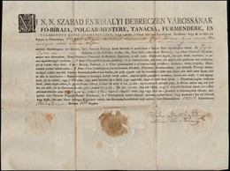 1821 Debrecen Szabad Királyi Város Bizonyságlevele Tímár Mester Részére, Mely Szerint A Város Polgárai Közé Felvetetett. - Non Classificati