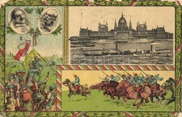 T3 Budapest V. Országház, Vilmos Császár és Ferenc József. Hazafias Litho Keret A Gyalogsággal és Huszárokkal (kopott Sa - Non Classificati