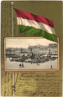 T2/T3 1903 Arad, Szabadság Tér üzletekkel. Magyar Zászlós Litho Keret / Square With Shops. Hungarian Flag Litho Frame  ( - Unclassified