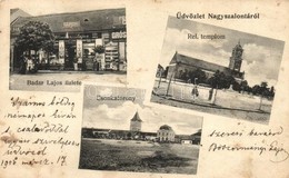 T2/T3 Nagyszalonta, Salonta; Csonkatorony, Református Templom, Badar Lajos és Grósz üzlete / Tower, Church, Shops (fl) - Unclassified