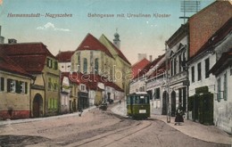 ** T2/T3 Nagyszeben, Hermannstadt, Sibiu; Vasút Utca, Orsolya-rendi Zárda, Villamos, Fenig A. üzlete / Bahngasse, Ursuli - Non Classificati