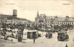 T2/T3 1912 Nagyvárad, Oradea, Grosswardein; Szent László Tér, Piaci árusok, Villamos, Moskovits Cip?gyár Bódéja, Takarék - Unclassified