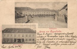 T2/T3 Szentágota, Agnetheln, Agnita; Piac Tér, Szálloda, Varosi Vasút G?zmozdonya. Jos. Drotleff / Marktplatz, Hotel / M - Unclassified