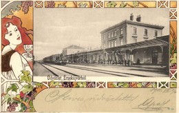 T2 1901 Érsekújvár, Nové Zámky; Vasútállomás G?zmozdonnyal. Szecessziós Litho Keret / Bahnhof / Railway Station With Loc - Unclassified