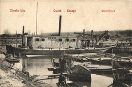 T2/T3 1914 Eszék, Osijek, Esseg; Téli Kiköt?, MKÁ Drávak Kotró Uszály / Zimska Luka / Winterhafen / Winter Port, Barge,  - Non Classificati