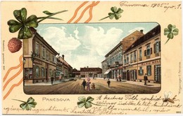 T2/T3 1905 Pancsova, Pancevo; Utcakép üzletekke. Lóherés Dombornyomott Litho Keret / Street View With Shops. Clover, Emb - Ohne Zuordnung
