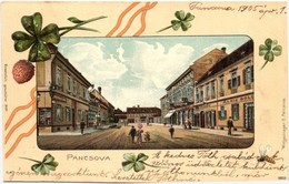 T2/T3 1905 Pancsova, Pancevo; Utcakép üzletekke. Lóherés Dombornyomott Litho Keret / Street View With Shops. Clover, Emb - Unclassified