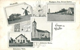 ** T2/T3 ~1899 Valla, Wallern Im Burgenland; Szélmalom, Vasútállomás, Katolikus Templom, F? Utca, Georg Schreuer Vendégl - Unclassified