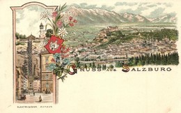 T1/T2 1898 Salzburg, Elektrischer Aufzug / Electric Elevator. Coat Of Arms, Art Nouveau, Floral, Litho - Ohne Zuordnung