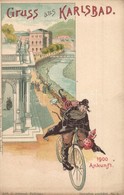 ** T3 Gruss Aus Karlsbad! 1900 Ankunft / Czech Jewish Man On Bicycle In Karlovy Vary. Judaica. Verlag Von Hermann Jacob. - Unclassified