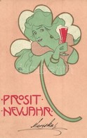 T2 1903 Prosit Neujahr / Clover Lady With A Glass Of Champagne. Art Nouveau S: Carl Józsa - Ohne Zuordnung