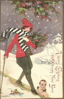 T2/T3 A Merry Christmas And A Happy New Year / Italian Art Postcard, Skiing Lady. Ballerini & Fratini 185. S: Chiostri   - Unclassified