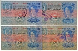 1913. 20K (4xklf) Nehezen Olvasható Felülbélyegzésekkel T:III,III- Kis Szakadás / Hungary 1913. 20 Korona (4xdiff) With  - Non Classificati