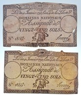 Franciaország 1792. 25s 'Assignata' (2x) Vízjellel és Szárazpecséttel T:III Szakadás, Vágott / France 1792. 25 Sols 'Ass - Ohne Zuordnung