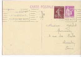 1937 - PAIX - CARTE ENTIER Avec REPIQUAGE COMMERCIAL Au DOS "QUANTIN" De PARIS - Overprinter Postcards (before 1995)