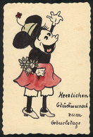 38 GERMANY: Hand-painted Greeting PC, Minnie Mouse, Circa 1941, One Corner Creased - Autres & Non Classés