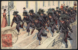 1120 ITALY: Bersaglieri Soldiers Marching In The Street, PC Signed CENNI, Used In Argentin - Other & Unclassified