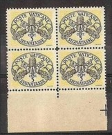 1946 Vaticano Vatican SEGNATASSE  POSTAGE DUE 5c Giallo (x4) Righe Larghe Carta Bianca Quartina MNH** Firm.Biondi Bl.4 - Postage Due